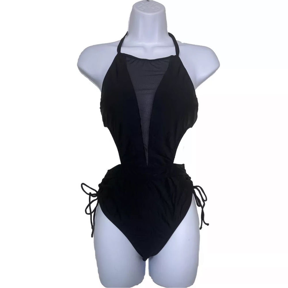 Mesh Cutout Ruched Drawstring Monokini Swimsuit‎ (Black, Small, New, Cupshe)